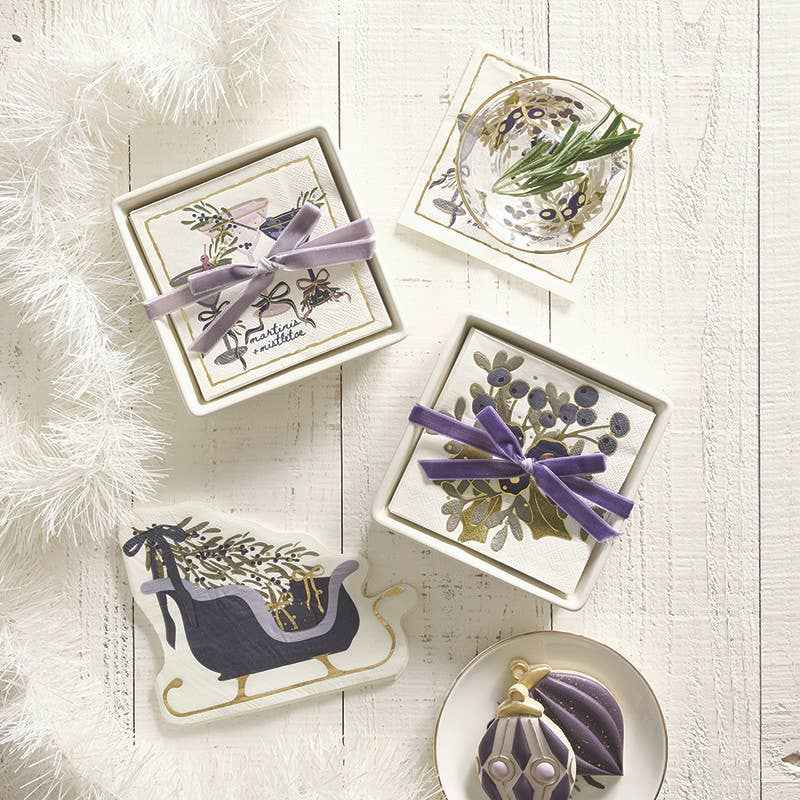 Ceramic Napkin Tray + Napkins - Martinis + Mistletoe