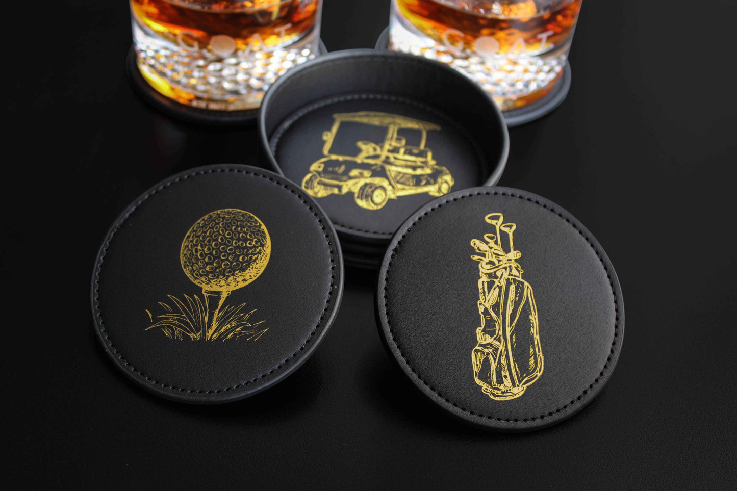 Coaster Set GOLF Theme, NEW Premium Black with Gold Designs