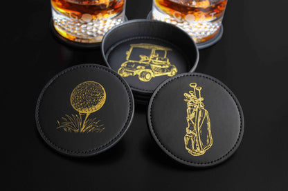 Coaster Set GOLF Theme, NEW Premium Black with Gold Designs