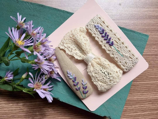 Lavender Embroidered Lace Hair Barrette, Collection Emily