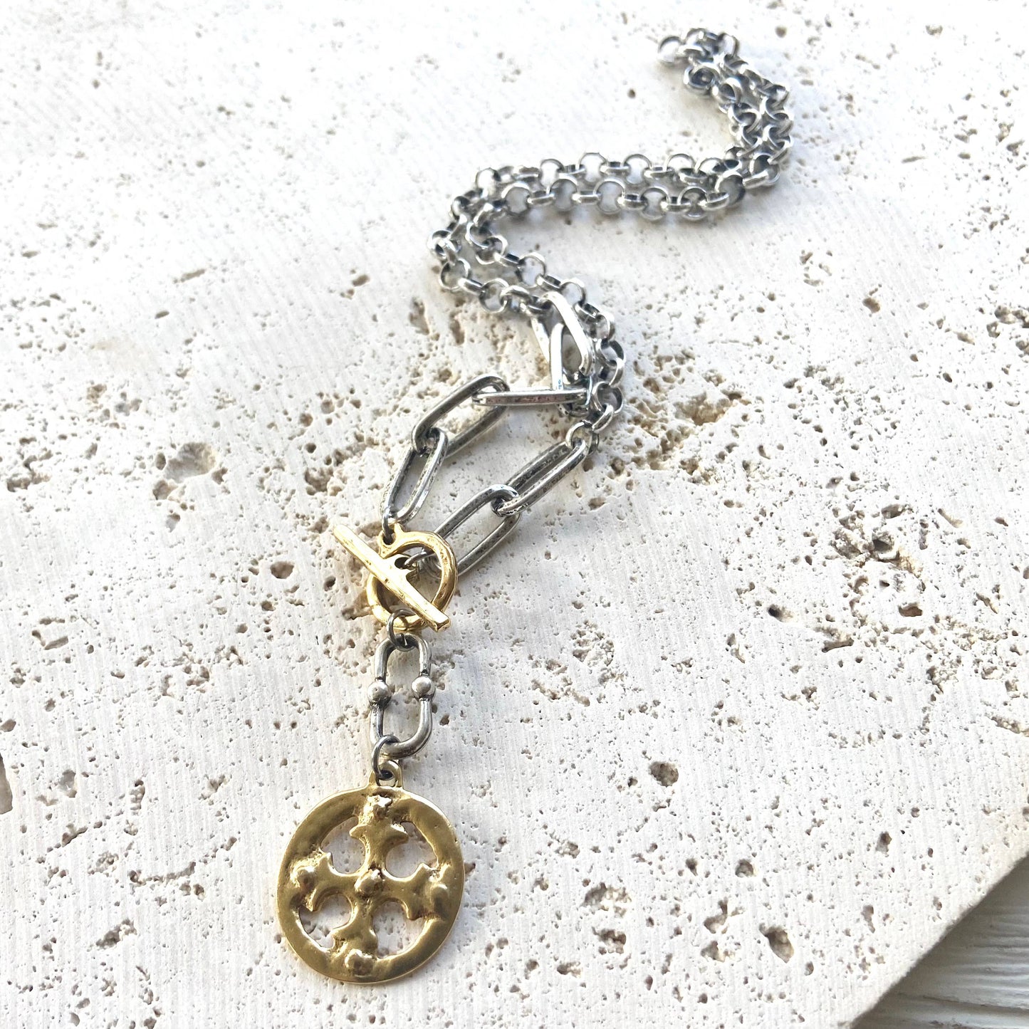 Mixed metal cross necklace no crystals