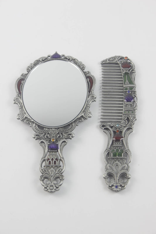 Vintage Small Size Castle Metal Mirror Set: Silver