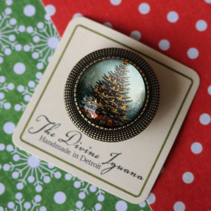 Victorian Christmas Tree Glass and Bronze Lever Back Brooch