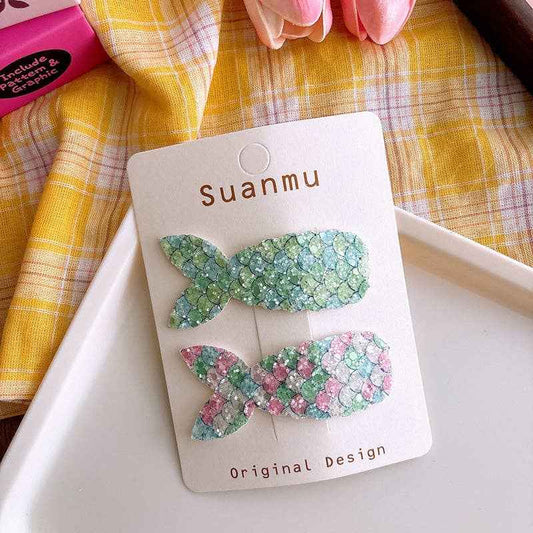 Colorful Glitter Mermaid Tail Kids Hair Clips Sweet Cute BB Clips: 2-Pink Green Set