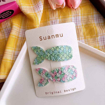 Colorful Glitter Mermaid Tail Kids Hair Clips Sweet Cute BB Clips: 3-Rainbow Set