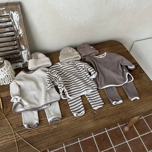 Waffle Knitted Fabric Loose Comfy Set: Brown / 100 (2-3Y)