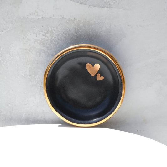 Black Double Heart Ring Dish Handmade Pottery