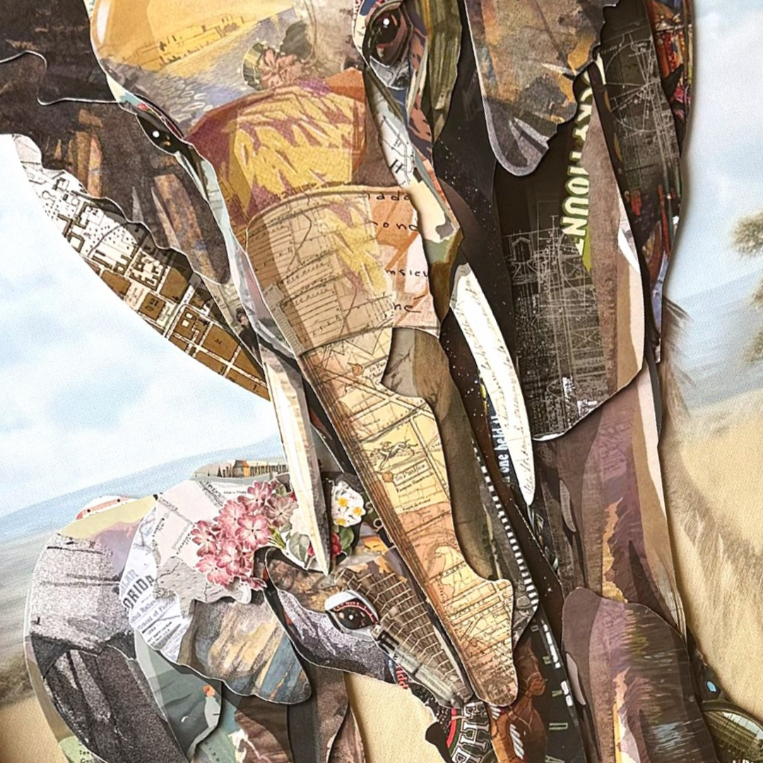 Arte de collage 3D | Elefantes (76 cm x 61 cm)
