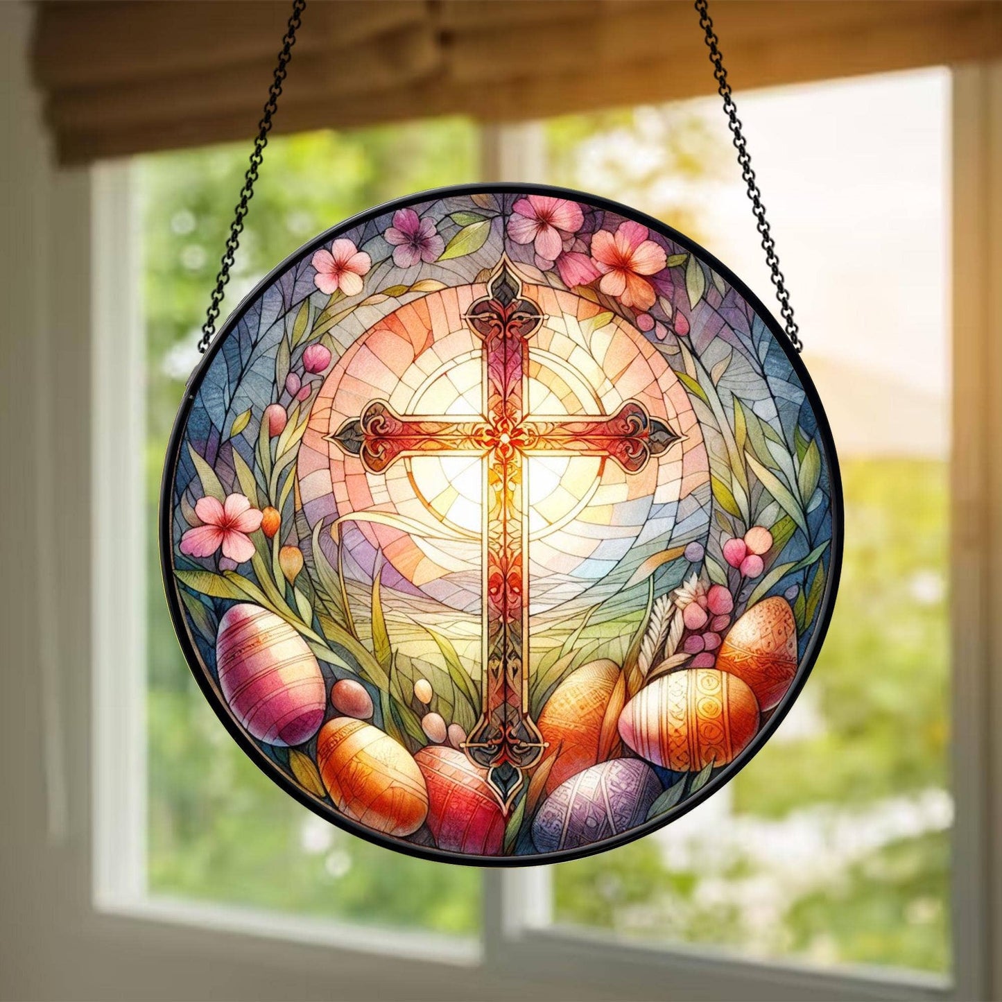 Stained Glass Cross And Wildflowers Suncatcher, Flower Cross