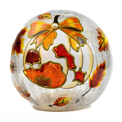 White Pumpkin Bow LED Glass Orb – Fall Autumn Decor