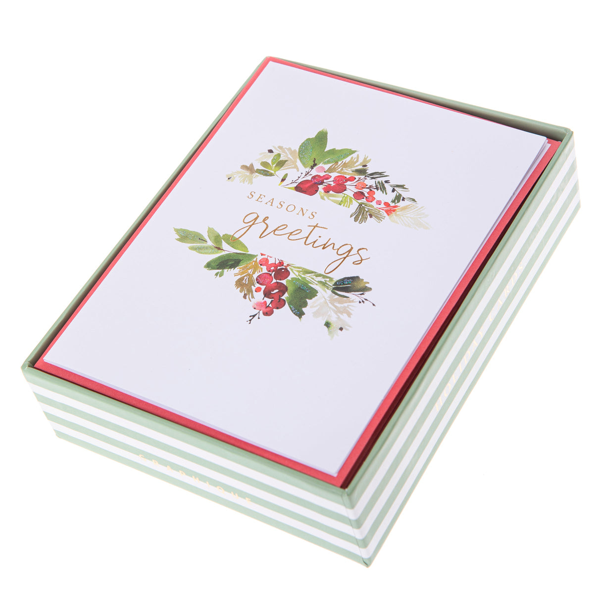 Season's Greetings Holiday Boxed Cards, A Christmas card with a watercolor holly and berry design and gold foil Seasons Greetings script, shown with its red envelope.