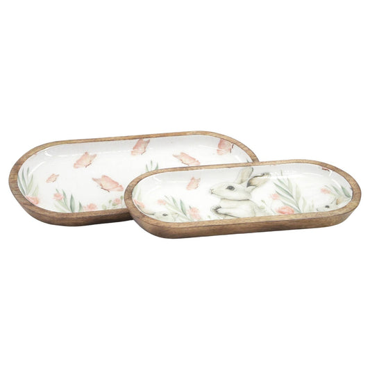 Set of 2 Bunny and Flower Enamel Oval Trays