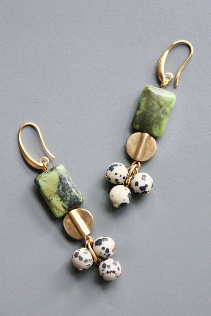 Green and Dalmatian Jasper Dangle Earrings