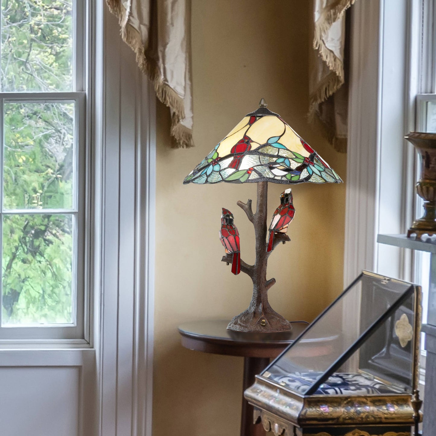 23.75"H Triple-Lit Stained Glass Cardinal Table Lamp