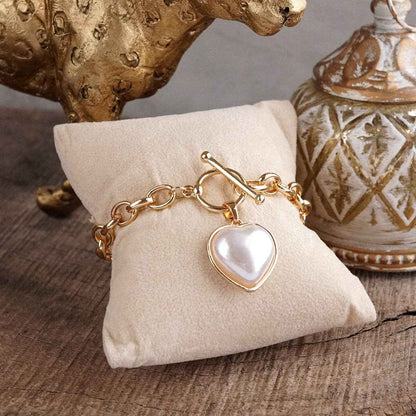 Soft Devotion – Pearlized Puffy Heart Toggle Chain Bracelet in Gold
