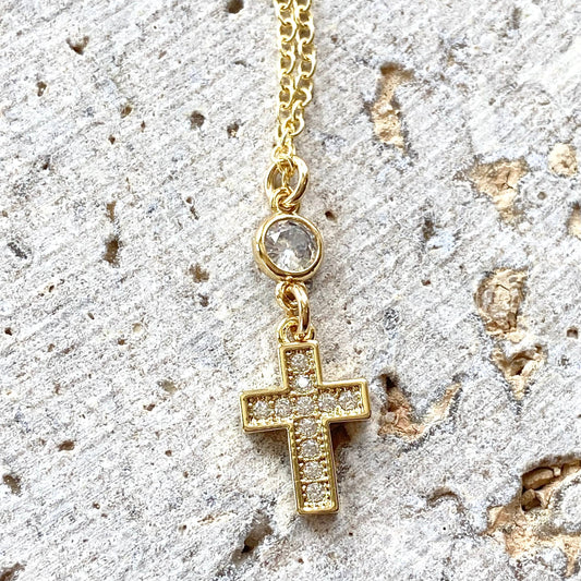 Gold cross crystal necklace Religious  jewelry