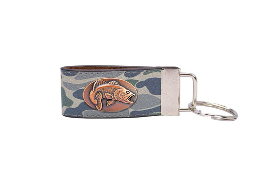 Bass Fishing Old School Camo Leather Loop Keychain.: Brown/Tan Camo