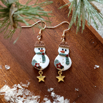 Hand Crafted Snowman with Star Earrings