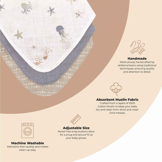 Crane Baby - Cove 3-pc. Muslin Bib Set (Sea Life)