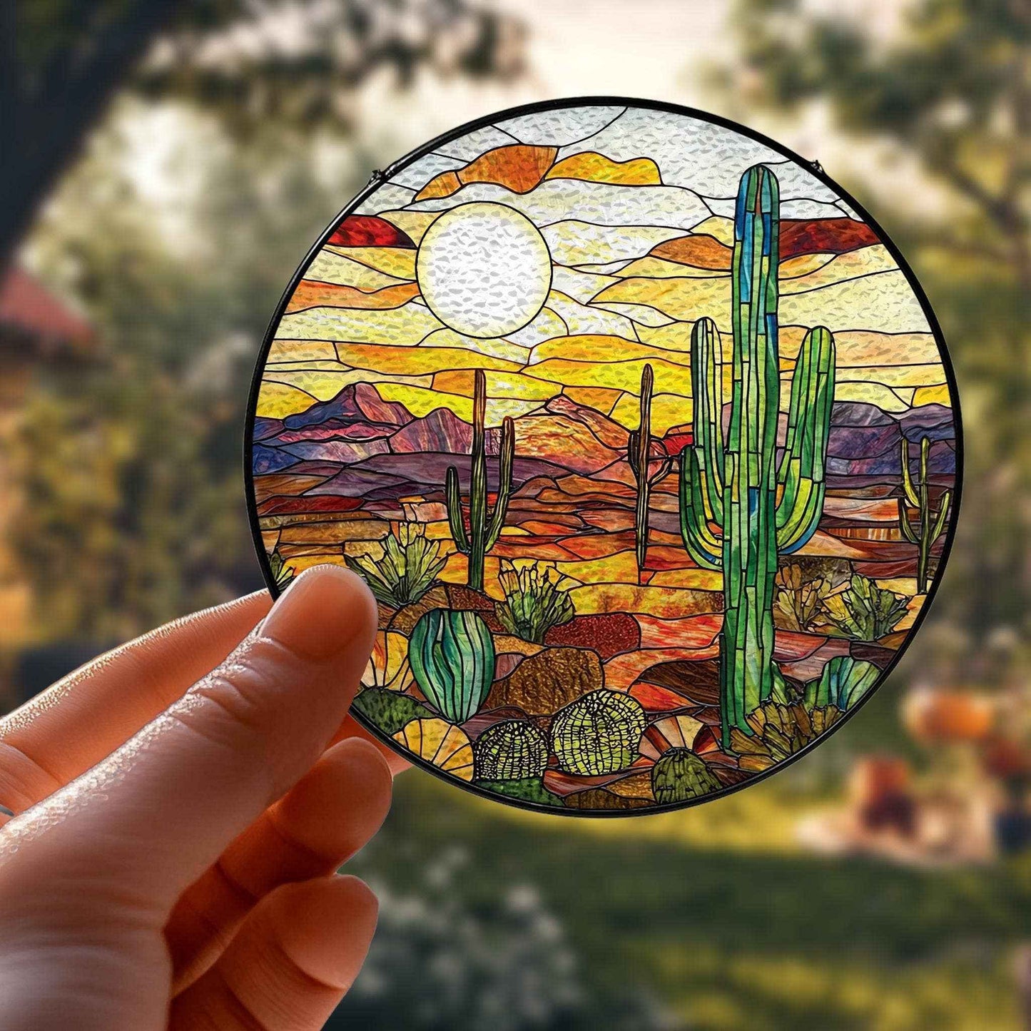 Cactus Landscape Stained Glass Suncatcher, Sunset Ornament