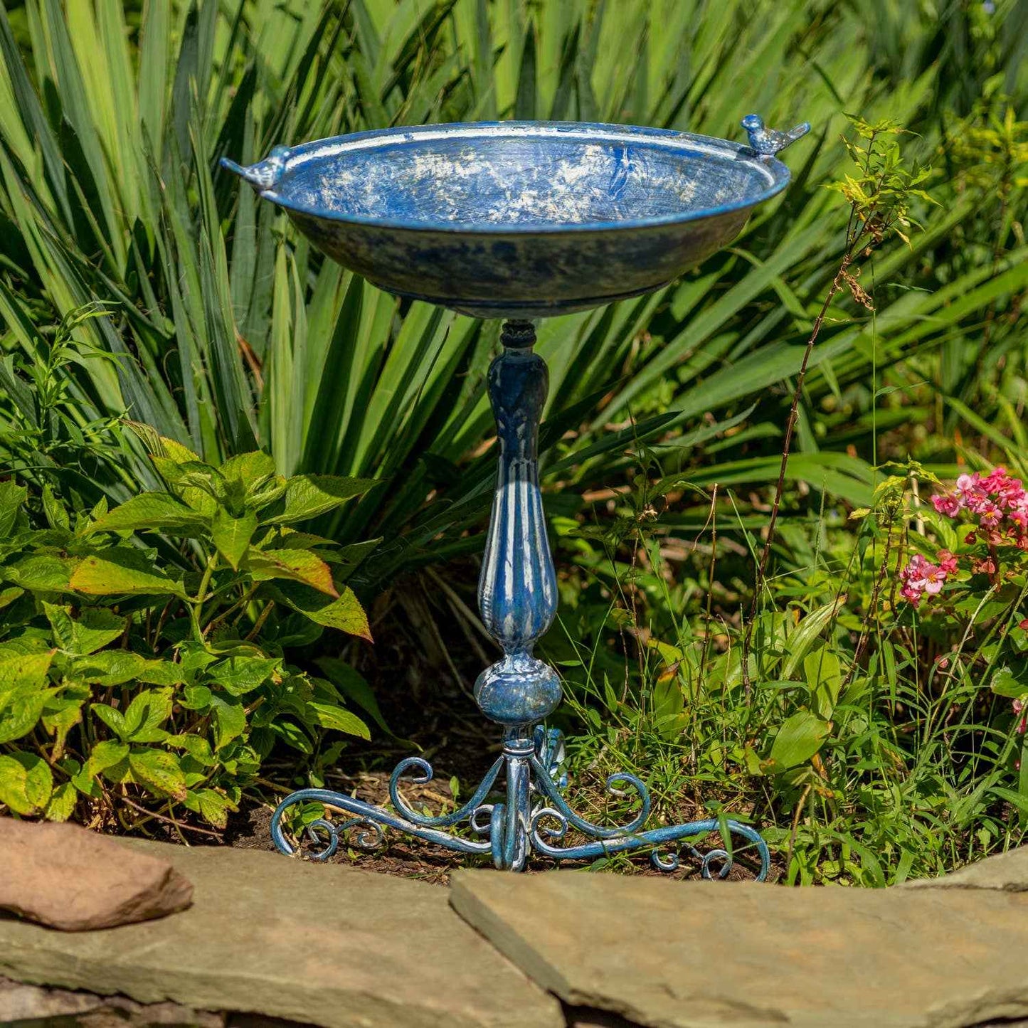 Pedestal Birdbath with Little Bird Detail - 3 Options: Antique Blue