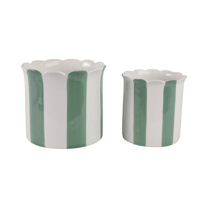 Sagebrook Home - Planters Set of 2 - Green/White Ceramic Striped, 6/8 in.