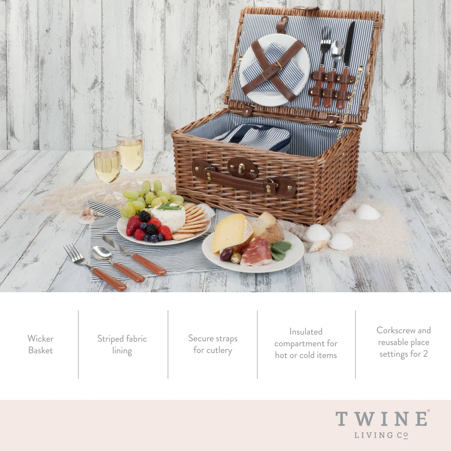 Newport Woven Wicker Picnic Basket Set w Insulated Carrier