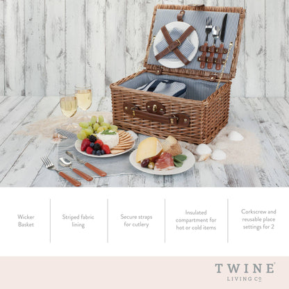 Newport Woven Wicker Picnic Basket Set w Insulated Carrier