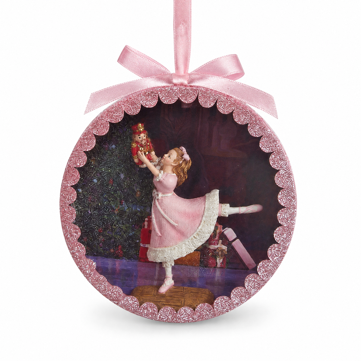 Nutcracker Suite Shadow Box Ornament, Clara Dancing design: Clara in a pink dress, one leg lifted, holding her nutcracker high