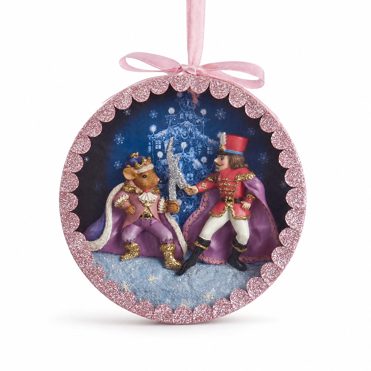 Nutcracker Suite Shadow Box Ornament, Mouse King Battle design: the Nutcracker Prince fighting the crowned Mouse King on a snowy stage