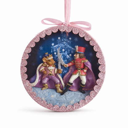Nutcracker Suite Shadow Box Ornament, Mouse King Battle design: the Nutcracker Prince fighting the crowned Mouse King on a snowy stage