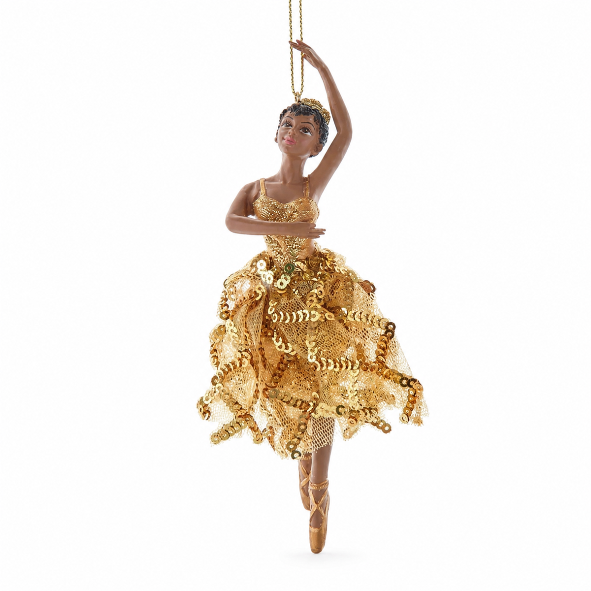 Gold Sequin Black Ballerina Christmas Ornament, Curved Arm design: standing poised, one arm curved overhead and the other across her waist