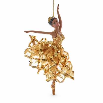Gold Sequin Black Ballerina Christmas Ornament, Extended Arm design: leaning into the dance, one arm raised high and the other reaching wide