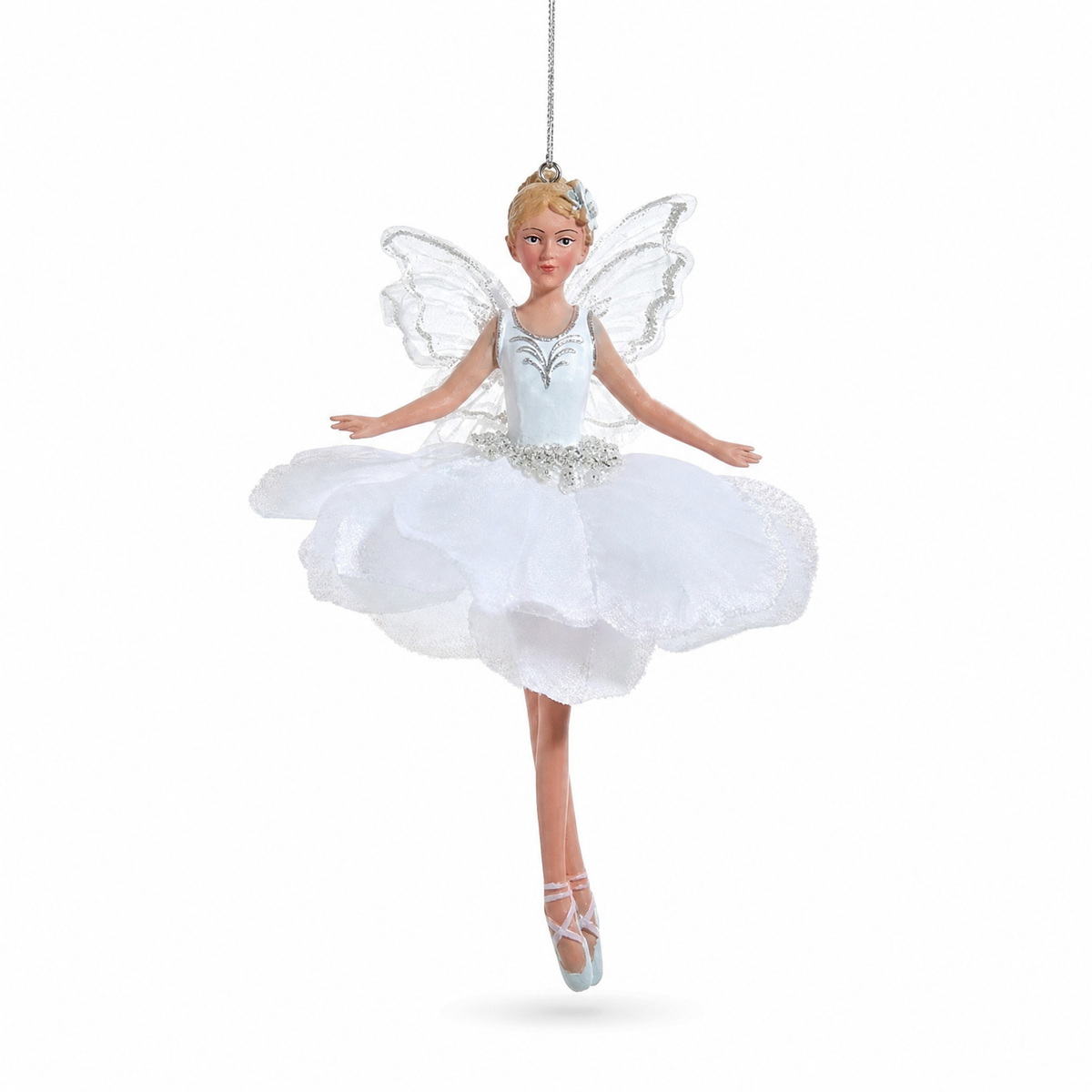 White and Silver Fairy Ballerina Christmas Ornament, Open Arms design: both arms held low and open, a silver flower in her hair