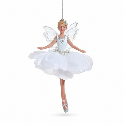 White and Silver Fairy Ballerina Christmas Ornament, Open Arms design: both arms held low and open, a silver flower in her hair