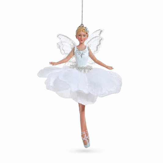 White and Silver Fairy Ballerina Christmas Ornament, Open Arms design: both arms held low and open, a silver flower in her hair