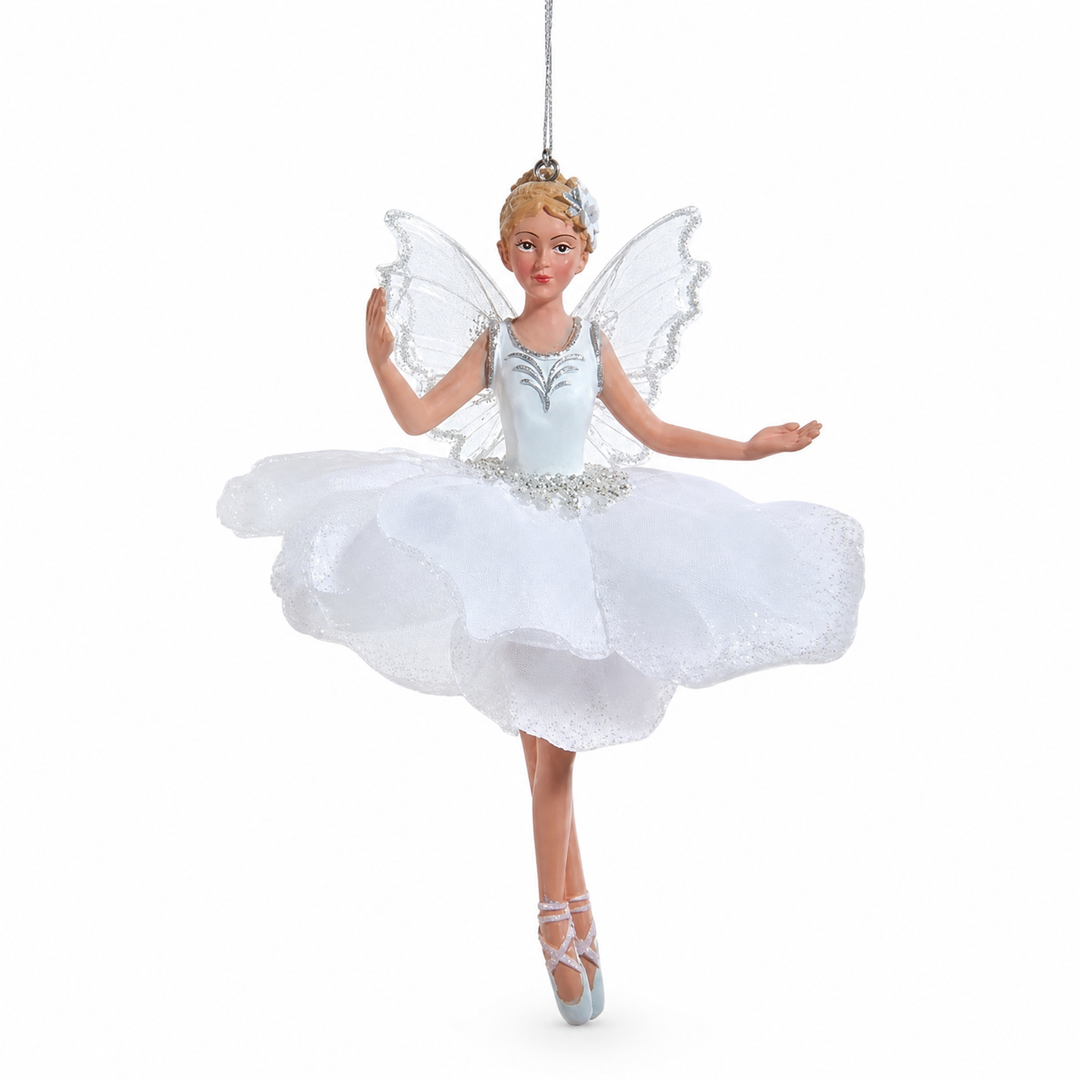 White and Silver Fairy Ballerina Christmas Ornament, Raised Hand design: one hand lifted beside her shoulder, a fuller petal skirt