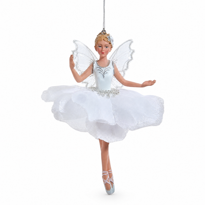 White and Silver Fairy Ballerina Christmas Ornament, Raised Hand design: one hand lifted beside her shoulder, a fuller petal skirt