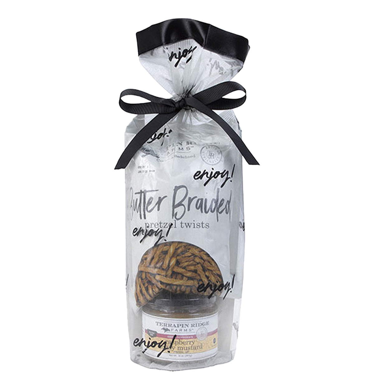 Everyday Grab and Go Gift Bag with Raspberry Honey Mustard Pretzel Dip and Butter Braided Pretzels, A clear gift bag printed with the word enjoy and tied with a black ribbon, holding a bag of Butter Braided pretzel twists above a jar of raspberry honey mustard.