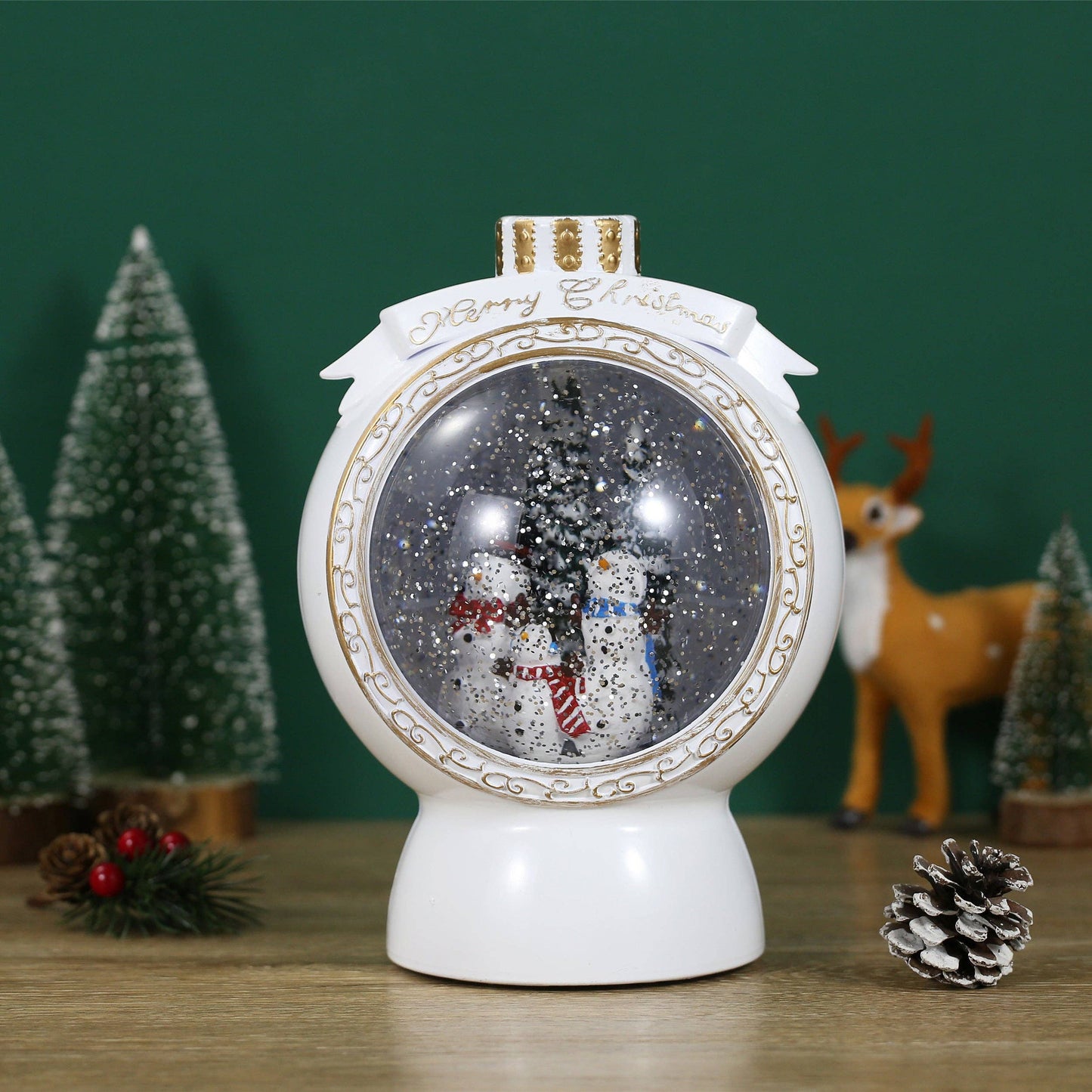 Christmas Musical White Round Snow Globe Lantern with Snowman Family Scene for Christmas Decoration