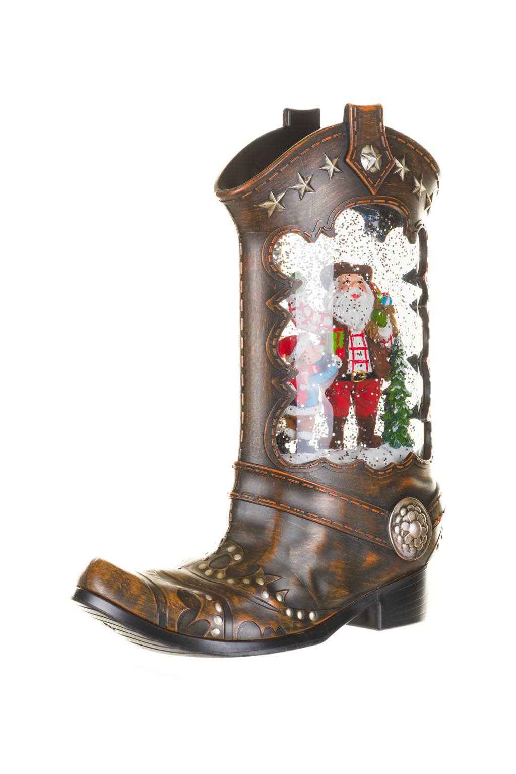 Brown Led Cowboy Boot Snow Globe W/ Rancher Santa Claus