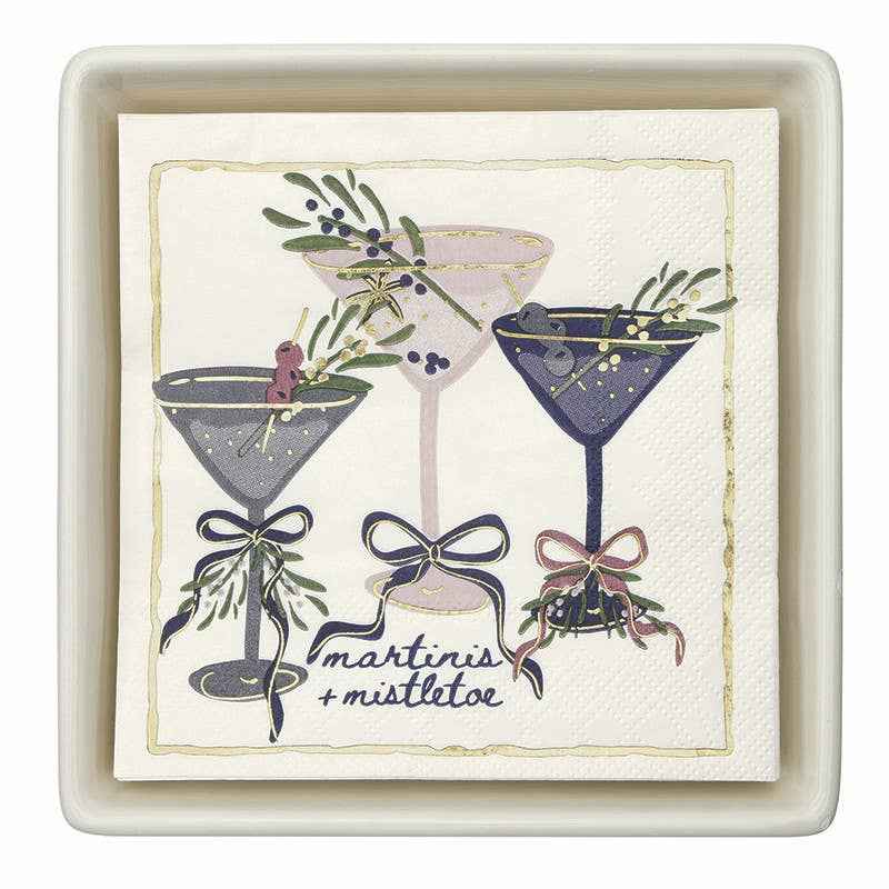 Ceramic Napkin Tray + Napkins - Martinis + Mistletoe