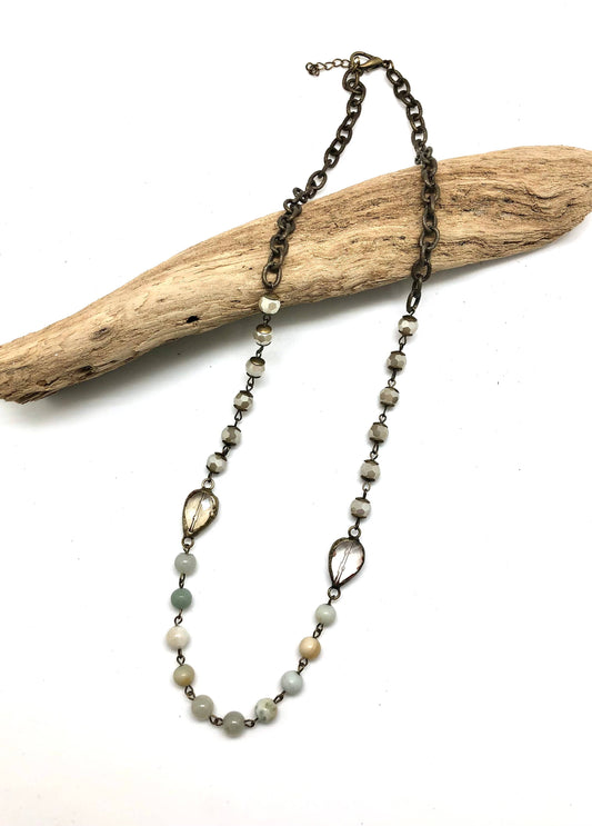 Necklace Antique Gold Amazonite& Glass(8mm)TeardropGlass 30”