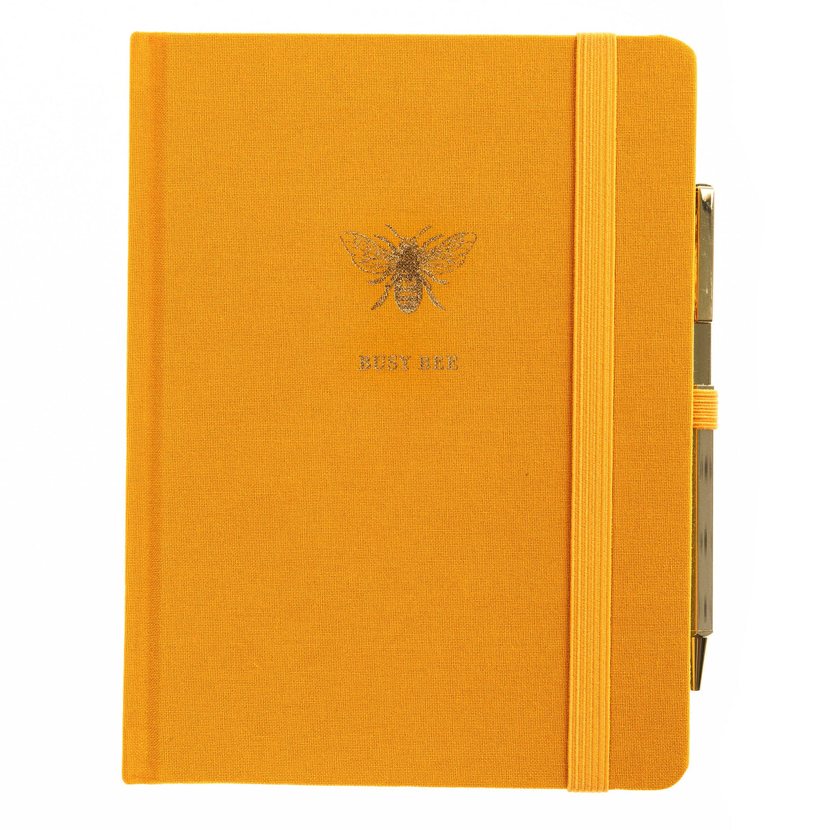 La Petite Presse Bee Fabric-Bound Journal with Pen, A marigold fabric journal with a gold foil bee and the words Busy Bee on the cover, paired with a gold twist pen.