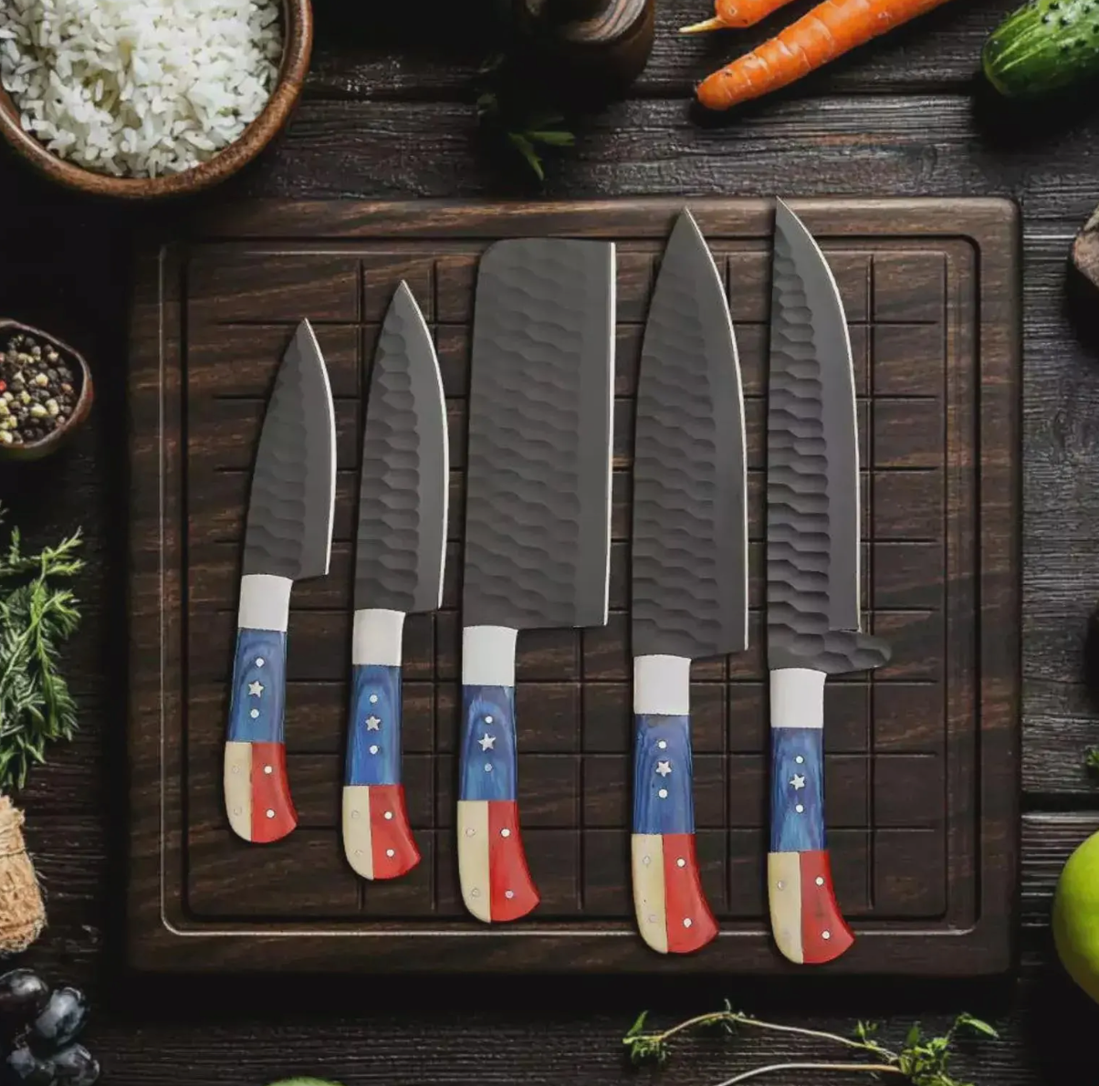 Juego de 5 cuchillos de chef con la bandera estadounidense, regalo patriótico para cocinar.