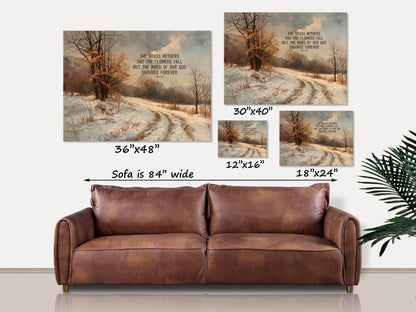 Cuadro sobre lienzo con paisaje invernal de Olive Branch Farmhouse - Isaías 40:8, regalos cristianos.