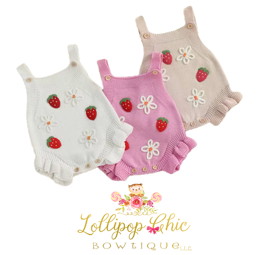 Baby Girl Knit Strawberry and Floral Romper: White - 0-3M
