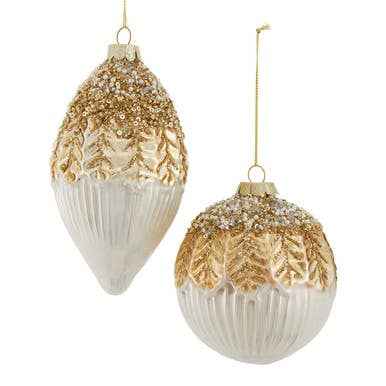 Glass Gold & White Ball & Drop Ornaments, 2 Assorted