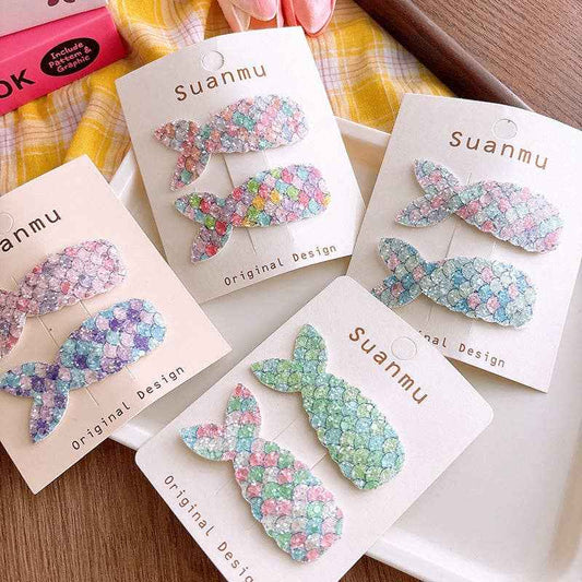 Colorful Glitter Mermaid Tail Kids Hair Clips Sweet Cute BB Clips: 3-Rainbow Set