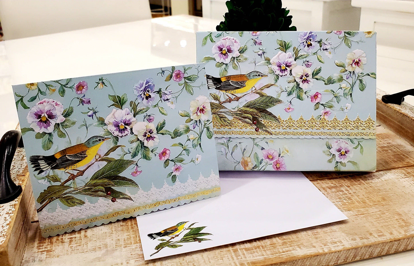 Pansies & Warbler Embossed Die-cut Boxed Portfolio Note Card